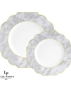 Scallop Design Scalloped Marble • Gold Plastic Plates | 10 Pack