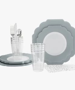 Set Scallop Design Party Sets 56 Pc | Colored Scalloped Grey | Silver Plastic Party Set