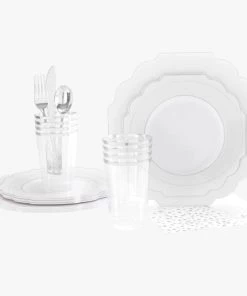 Set Scallop Design Party Sets 56 Pc | Solid Scallop Clear • Silver Plastic Party Set
