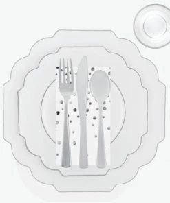 Set Scallop Design Party Sets 56 Pc | Solid Scallop Clear • Silver Plastic Party Set