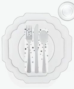 Set Scallop Design Party Sets 56 Pc | Solid Scallop White • Silver Plastic Party Set