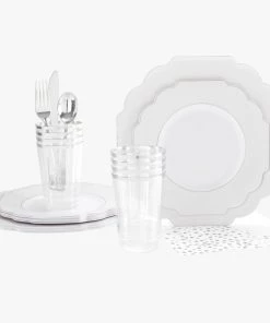 Set Scallop Design Party Sets 56 Pc | Solid Scallop White • Silver Plastic Party Set