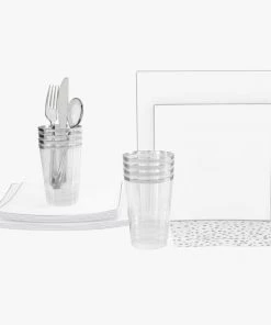 Set Square Accent 56 Pc | Square Coupe White • Silver Plastic Party Set Party Sets
