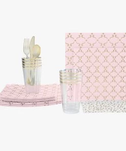Set Square Pattern 56 Pc | Square Pattern Blush • Gold Plastic Party Set