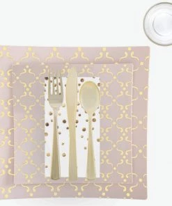 Set Square Pattern 56 Pc | Square Pattern Blush • Gold Plastic Party Set