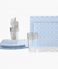 Set Square Pattern Party Sets 56 Pc | Square Pattern Ice Blue • Silver Plastic Party Set