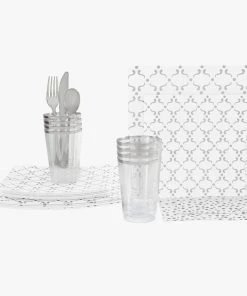 Set Square Pattern 56 Pc | Square Pattern White • Silver Plastic Party Set