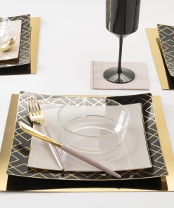 Square Accent Pattern Square Black • Gold Art Deco Pattern Plastic Plates | 10 Plates