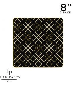 Square Accent Pattern Square Black • Gold Art Deco Pattern Plastic Plates | 10 Plates 6 Square Accent Pattern Square Black • Gold Art Deco Pattern Plastic Plates | 10 Plates