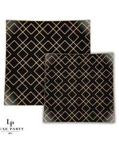Square Accent Pattern Square Black • Gold Art Deco Pattern Plastic Plates | 10 Plates