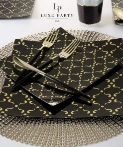 Square Accent Pattern Square Black • Gold Pattern Plastic Plates | 10 Plates 5 Square Accent Pattern Square Black • Gold Pattern Plastic Plates | 10 Plates