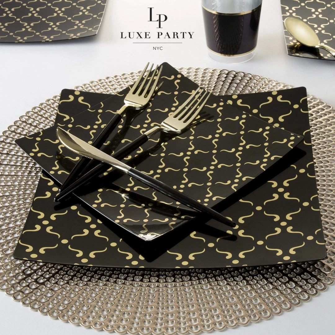 Square Accent Pattern Square Black • Gold Pattern Plastic Plates | 10 Plates 3 Square Accent Pattern Square Black • Gold Pattern Plastic Plates | 10 Plates