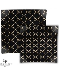 Square Accent Pattern Square Black • Gold Pattern Plastic Plates | 10 Plates
