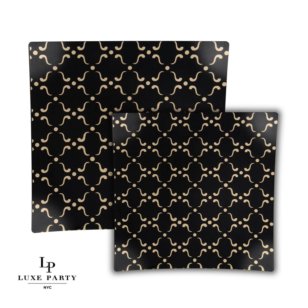 Square Accent Pattern Square Black • Gold Pattern Plastic Plates | 10 Plates 1 Square Accent Pattern Square Black • Gold Pattern Plastic Plates | 10 Plates