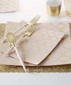 Square Accent Pattern Square Blush • Gold Pattern Plastic Plates | 10 Plates
