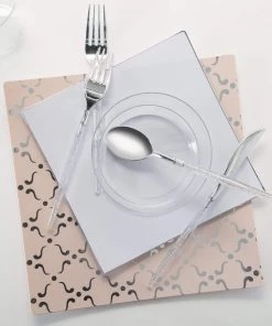 Square Accent Pattern Square Blush • Silver Pattern Plastic Plates | 10 Plates