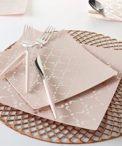 Square Accent Pattern Square Blush • Silver Pattern Plastic Plates | 10 Plates