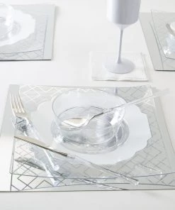 Square Accent Pattern Square Clear • Silver Art Deco Pattern Plastic Plates | 10 Plates