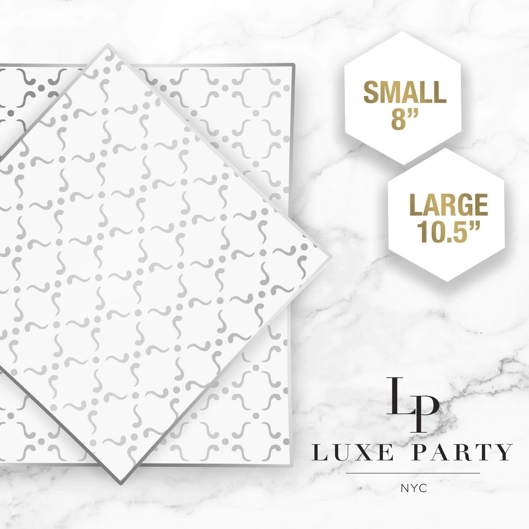 Square Accent Pattern Square Clear • Silver Pattern Plastic Plates | 10 Plates 2 Square Accent Pattern Square Clear • Silver Pattern Plastic Plates | 10 Plates