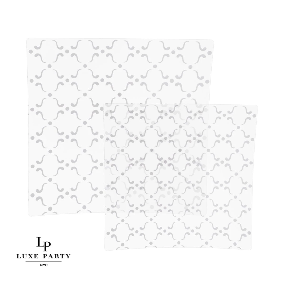 Square Accent Pattern Square Clear • Silver Pattern Plastic Plates | 10 Plates 1 Square Accent Pattern Square Clear • Silver Pattern Plastic Plates | 10 Plates