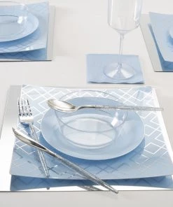 Square Accent Pattern Square Ice Blue • Silver Art Deco Pattern Plastic Plates | 10 Plates