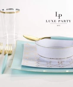 Square Accent Square Mint • Gold Pattern Plastic Plates | 10 Plates