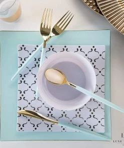 Square Accent Square Mint • Gold Pattern Plastic Plates | 10 Plates