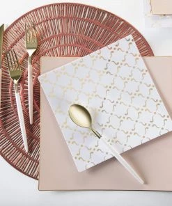 Square Accent Pattern Square White • Gold Pattern Plastic Plates | 10 Plates