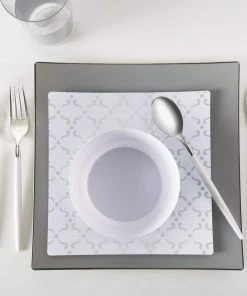 Square Accent Pattern Square White • Silver Pattern Plastic Plates | 10 Plates