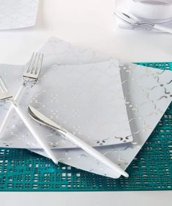 Square Accent Pattern Square White • Silver Pattern Plastic Plates | 10 Plates
