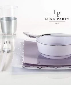 Square Accent Pattern Square White • Silver Pattern Plastic Plates | 10 Plates