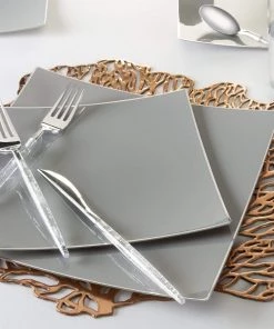 Square Accent Square Grey • Silver Plastic Plates | 10 Pack