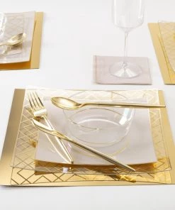 Square Art Deco Pattern Square Clear • Gold Art Deco Pattern Plastic Plates | 10 Plates