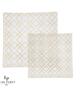 Square Art Deco Pattern Square Clear • Gold Art Deco Pattern Plastic Plates | 10 Plates