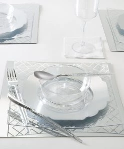 Square Accent Pattern Square Clear • Silver Art Deco Pattern Plastic Plates | 10 Plates