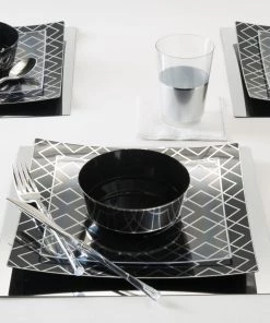 Square Geo Pattern Square Black • Silver Pattern Plastic Plates | 10 Plates