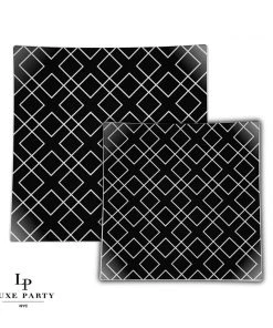 Square Geo Pattern Square Black • Silver Pattern Plastic Plates | 10 Plates