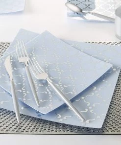 Square Accent Pattern Square Ice Blue • Silver Pattern Plastic Plates | 10 Plates