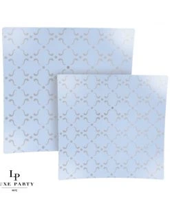Square Accent Pattern Square Ice Blue • Silver Pattern Plastic Plates | 10 Plates