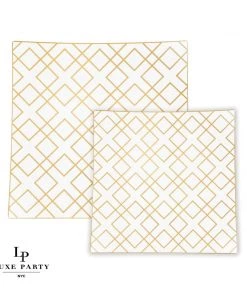 Square Accent Pattern Square White • Gold Art Deco Pattern Plastic Plates | 10 Plates