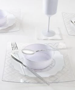 Square Accent Pattern Square White • Silver Art Deco Pattern Plastic Plates | 10 Plates